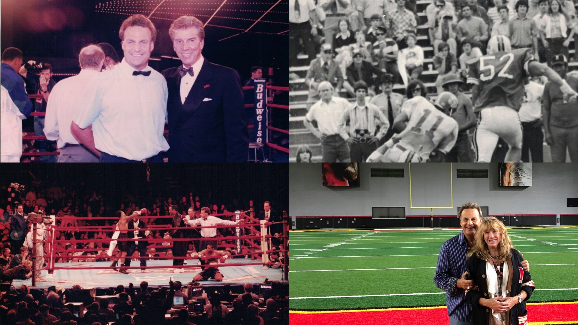 Collage of Jimmy Santa’s career, including boxing refereeing, football at Maryland and later life moments.