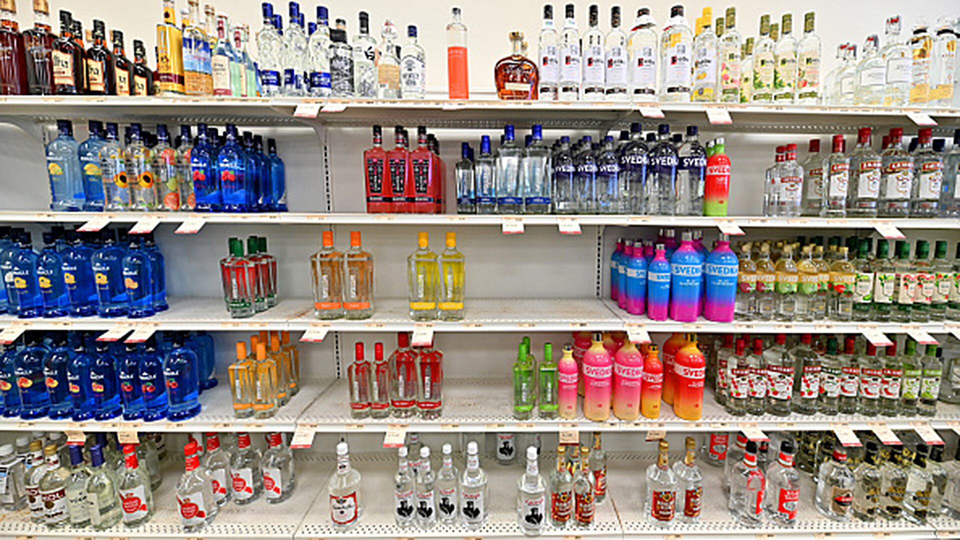Empty spaces on a Pennsylvania liquor store’s shelves previously displayed Russian vodka, which many U.S. stores and taverns now refuse to sell in solidarity with Ukraine. 