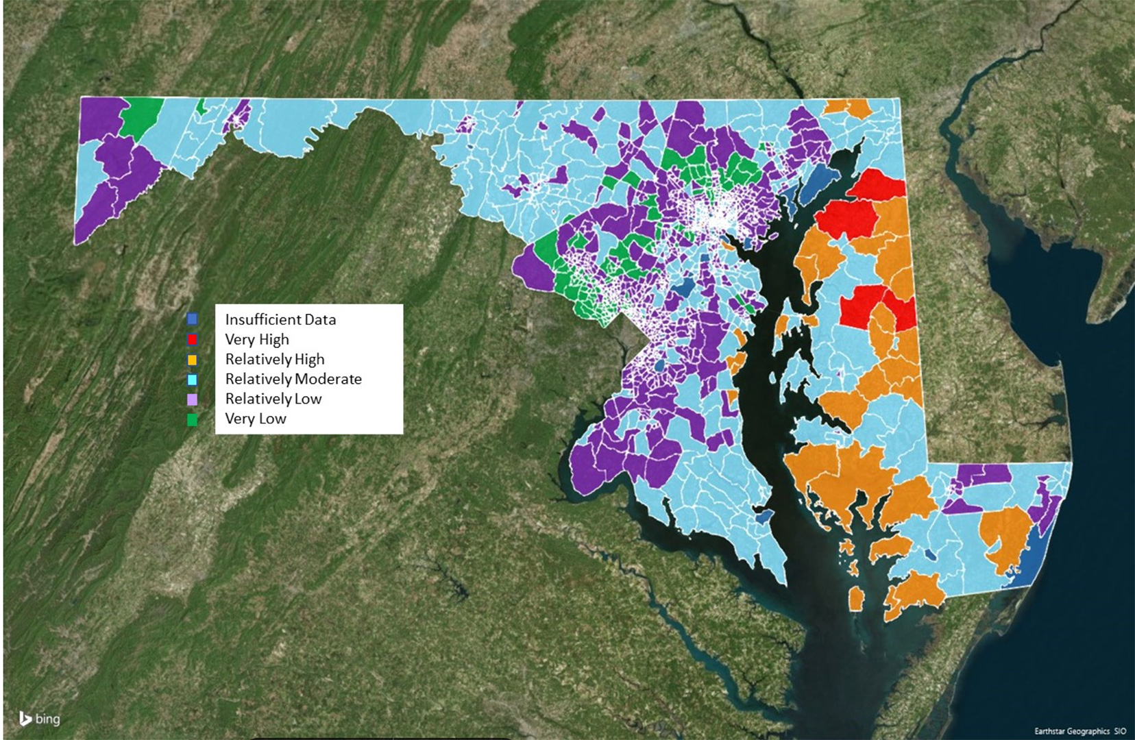 This map shows Rossi's index findings, which combines FEMA's National Risk Index and with homeowner financial vulnerability in each Maryland Census tract.