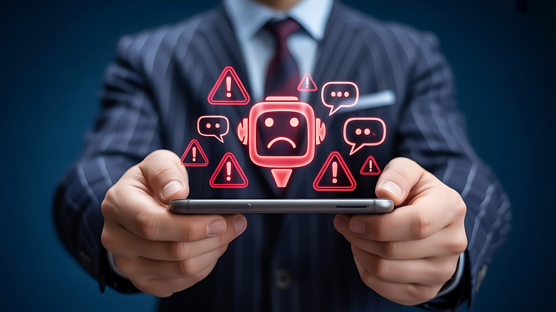 Business professional holding a smartphone with a red holographic sad chatbot icon surrounded by warning symbols, suggesting AI risk, failure or backlash.