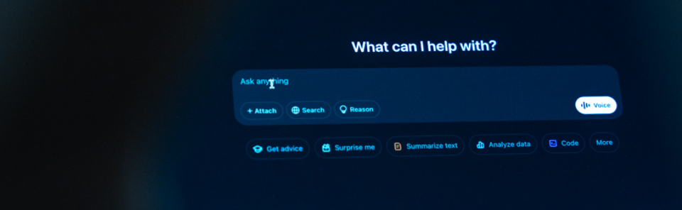ChatGPT home screen with “What can I help with?” prompt and action buttons (Attach, Search, Reason, Voice, Summarize text, Analyze data, Code).