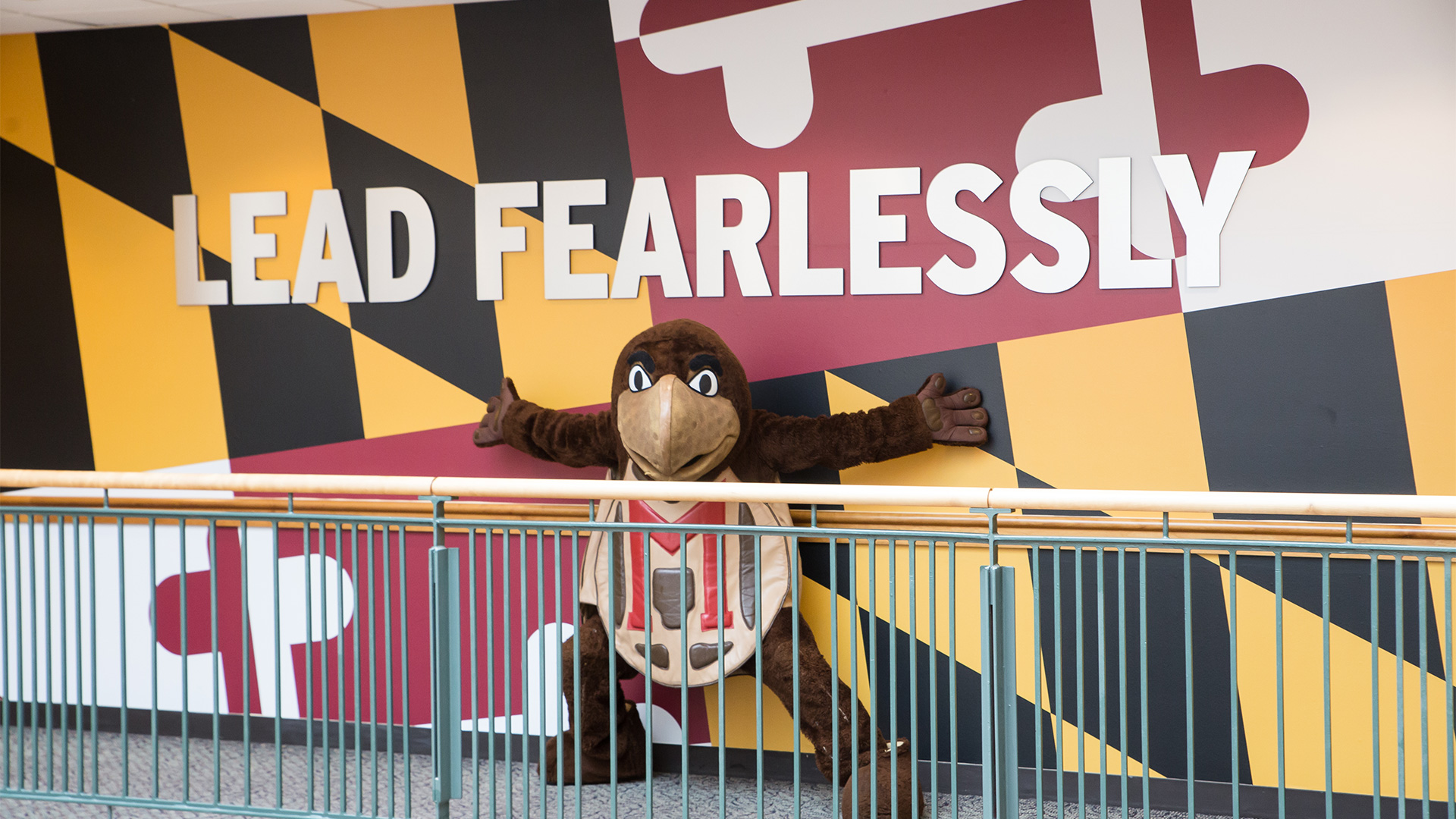Testudo under a 'Lead Fearlessly' banner