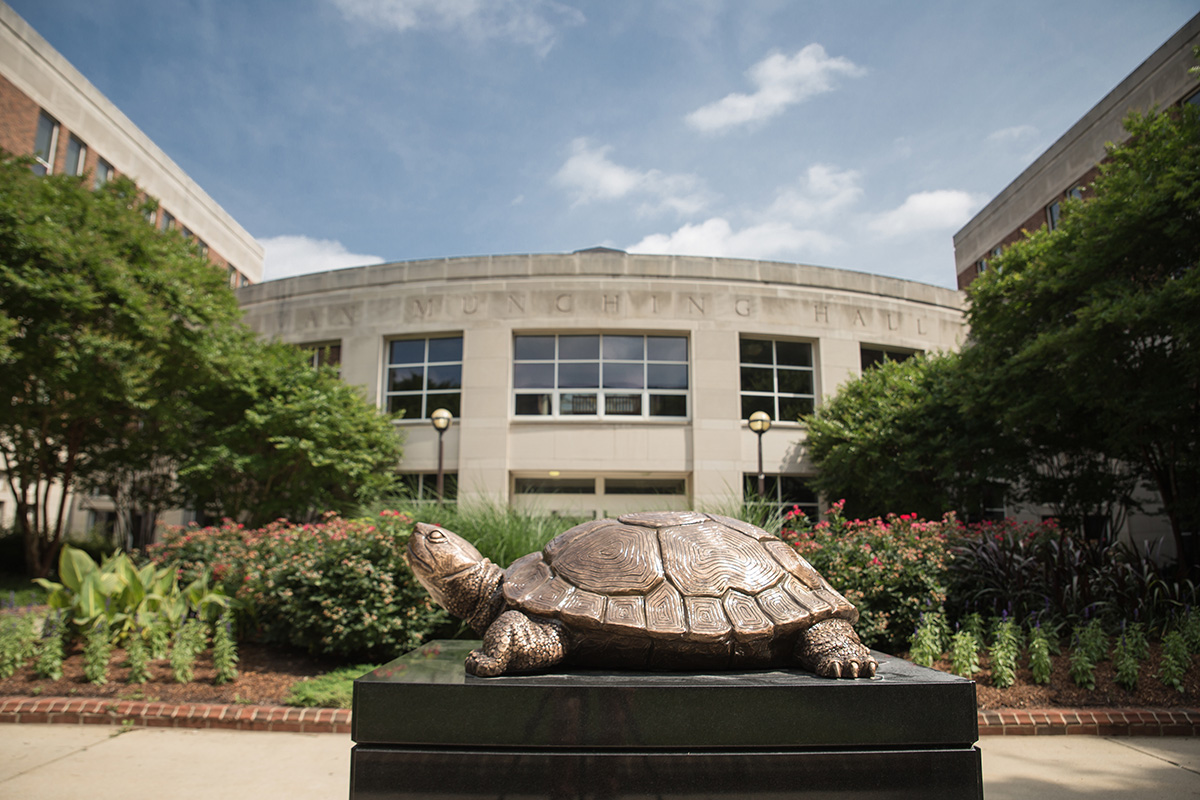 Testudo in front of Van Munching Hall