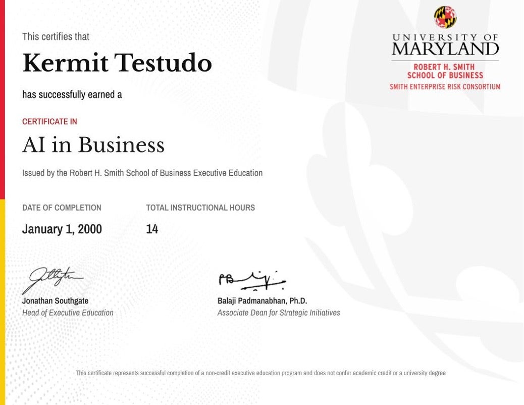 University of Maryland AI in Business certificate of completion.