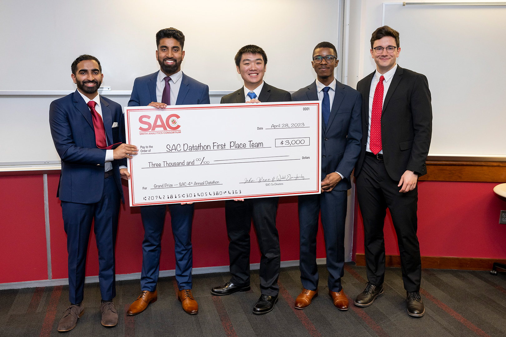 First place Datathon winners, left to right, Devarshi Chove, Joshua Edward, Raymond Ou, Connor Redmond, Khadeem Edwards. 