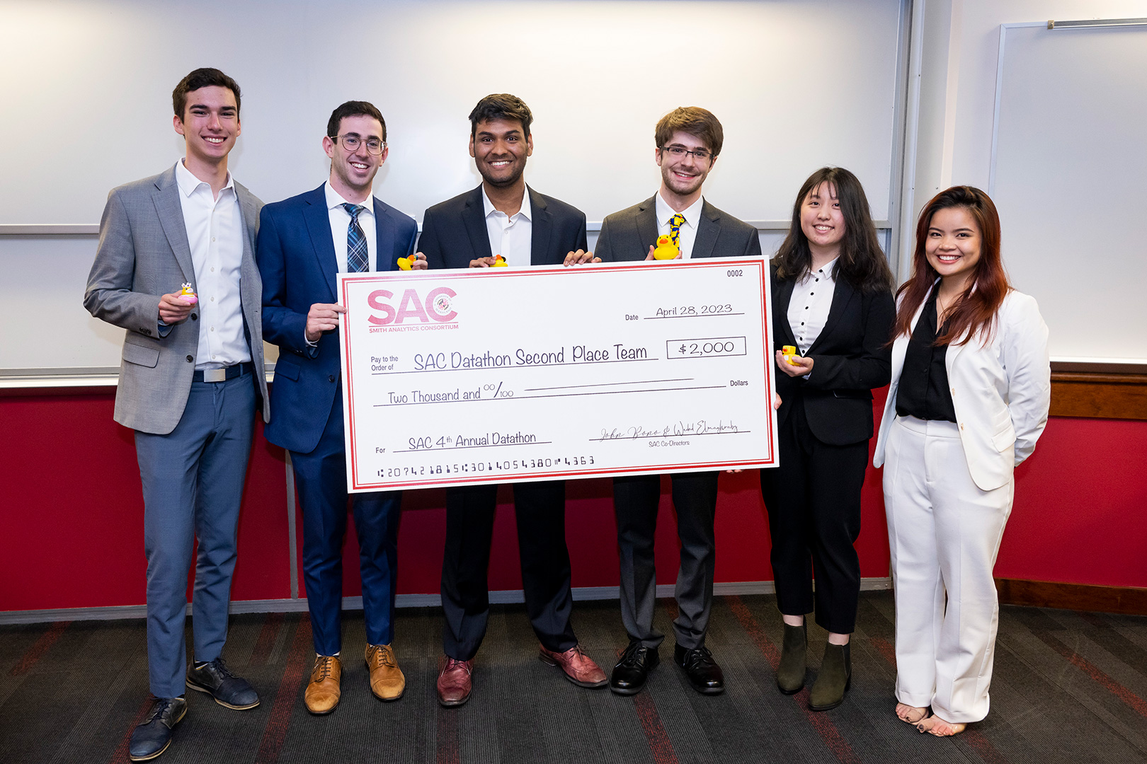 Second place team, left to right: Brian Garfunkel, Zachary Wolf, Mihir Modak, Jake Holland , Amy Jiang, Gemma Nguyen.