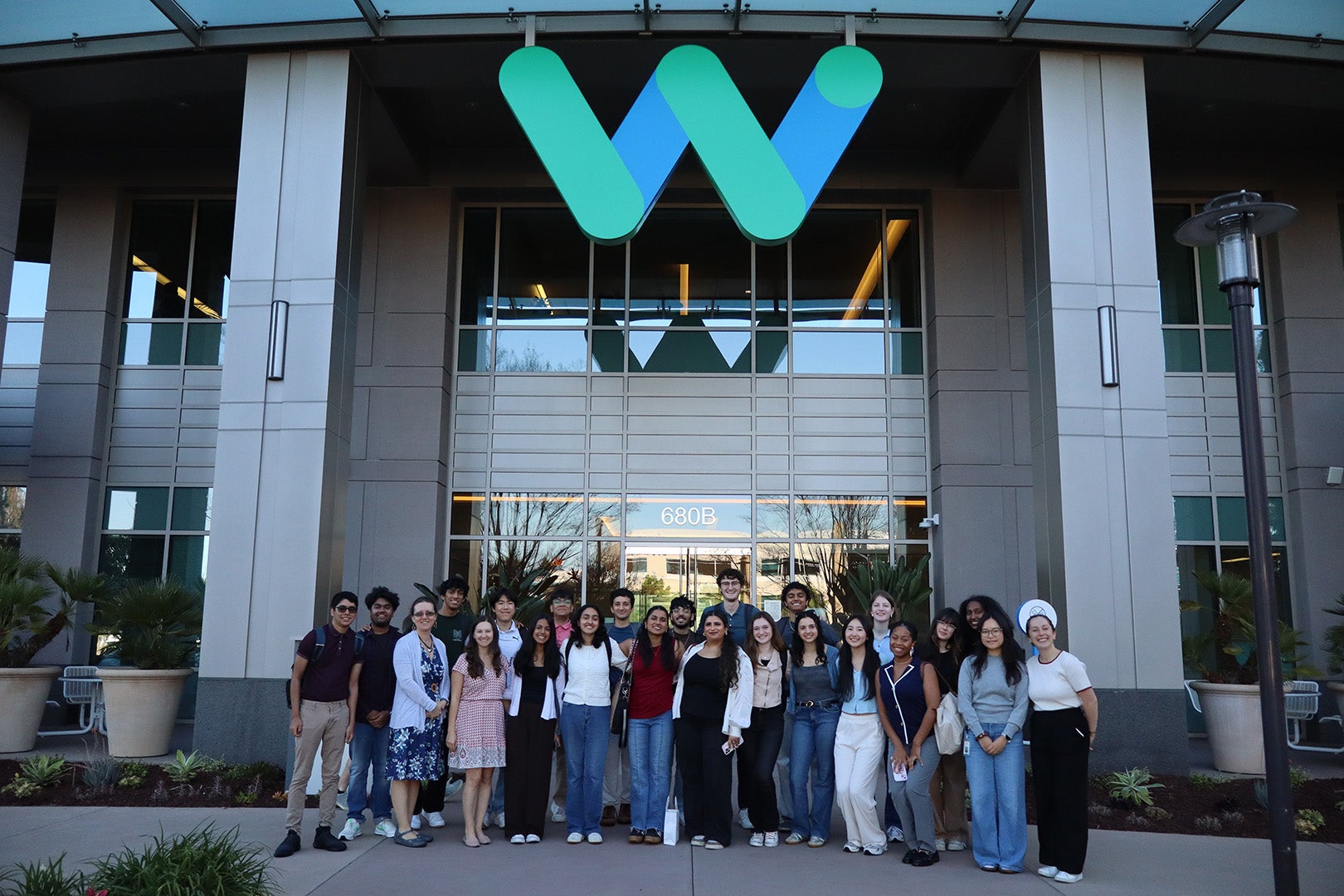 Students stand outside Waymo office during QUEST Silicon Valley visit